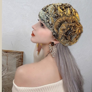 春夏新女复古镂空蕾丝遮白发头饰遮盖时器百n搭头巾神尚款头套帽