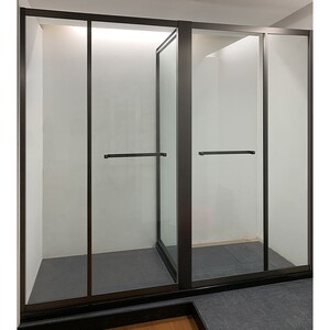 黑色t型折叠淋浴房卫生间三分离旋转飞门省空间玻璃隔断干湿分区