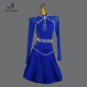2024新款蓝色长袖拉丁舞比赛服装表演出舞蹈台裙少女童大裙摆花服