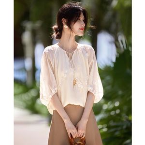 奥特莱斯商场品牌专柜重工刺绣慵懒风衬衫女式夏季宽松七分袖上衣