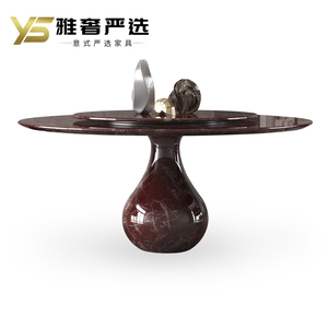 意式简奢紫罗红天然大理石餐桌现代轻奢圆形餐桌家用高端饭桌