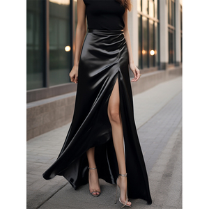 小众设计高腰分叉醋酸a字半身裙垂感高级显瘦黑色缎面长裙子春季