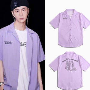 王一博101明星同款衣服春夏季ins潮男女宽松百搭紫色短袖外套衬衫