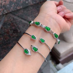 老坑冰糯种冰阳绿翡翠葫芦手环天然a货女款首饰925银镶嵌玉器手镯