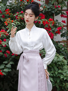 新中式轻国风上衣配马面裙的衬衣女款白色长袖明制立领对襟衬衫春