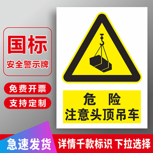 当心吊物落物请勿靠近必须戴安全帽小心起重作业吊具下严禁站人警示牌