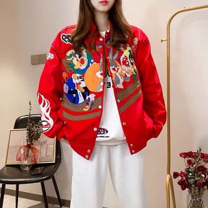 美式潮牌春秋新款国潮棒球服中国风嘻哈重工刺绣男女同款红色外套