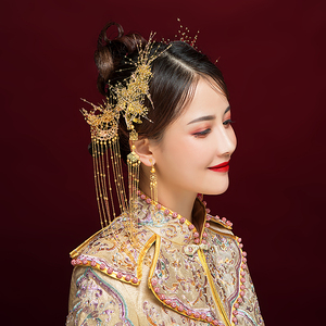 新娘结婚b汉服秀禾发饰中式古装遮面帘流苏步摇凤冠敬酒服手工头