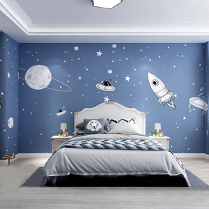 男孩卧室壁布浅蓝色卡通宇宙星空墙纸儿童房床头墙布装饰定制壁画