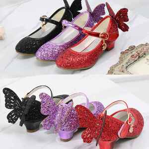女童公主鞋小主持人花童红色皮鞋黑色表演出鞋紫色蝴蝶儿童高跟鞋