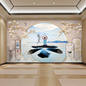 瑜伽背景墙纸健身运动舞蹈教室形象墙文化壁画养生馆墙面装饰壁纸