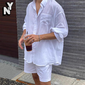 NY棉麻白衬衫男士高端宽松工装长袖户外运动防晒衬衣透气亚麻寸衫