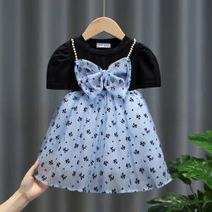 女童连衣裙夏天短袖假两件洋气婴儿衣服小公主夏装韩版洋气纱裙子