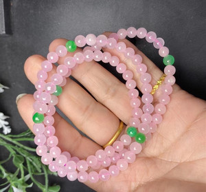 一元拍卖缅甸老坑a货翡翠冰种藕粉色圆珠多圈带阳绿玉石手串项链
