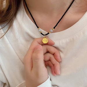 黄金福牌吊坠足金999圆牌福字项链女款硬金转运珠纯金编绳手链