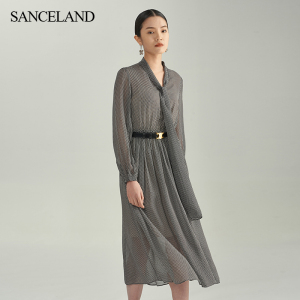 sanceland三石一澜夏乔其真丝收腰连衣裙中长款附吊带se24103105