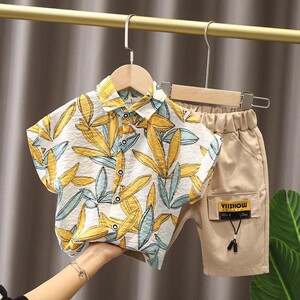 男宝宝夏装套装婴儿童装小孩衣服洋气男童夏季树叶短袖衬衫两件套