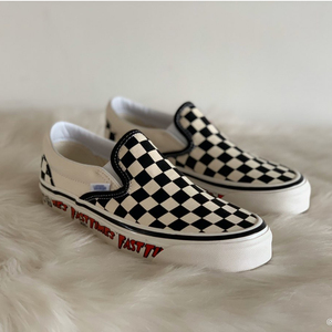 万斯黑白棋盘格低帮帆布鞋黑白格子男女懒人一脚蹬情侣款百搭板鞋
