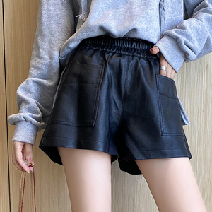 皮短裤秋冬胖mm宽松高腰大码a字大腿粗女生显瘦外穿pu皮靴裤阔腿