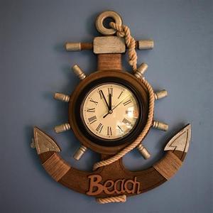 地中海客厅复古钟表船锚挂钟家用装饰品挂件木质船舵创意静音壁钟