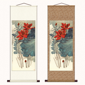 张大千金线荷花图花鸟国画宣纸复制品风水挂画卷轴玄关茶楼装饰画