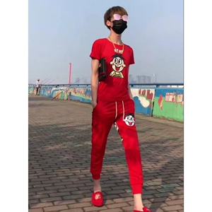 精神小伙套装男旺仔紧身衣t恤牛奶衣服短袖抖音同款社会男女社会