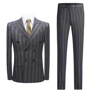 深灰色条纹商务休闲双排扣修身西服套装主持人宴会青年男西装礼服