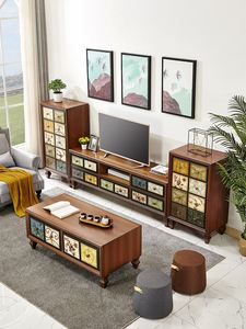 美式乡村电视柜实木家具套装欧式客厅小户型手绘艺术地柜茶几组合