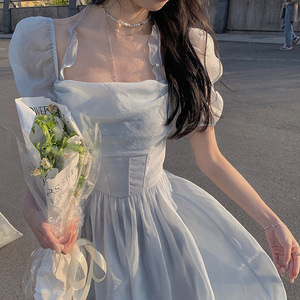 雾霾蓝连衣裙复古