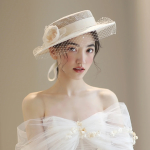 礼帽女赫本风英伦复古优雅网纱摄影写真新娘法式平顶婚纱帽子拍照