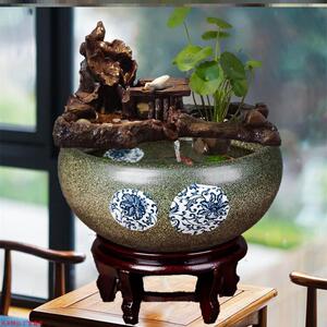 古法鱼缸造景圆形过滤器流水创意摆件客厅桌面古法中式陶瓷小型金