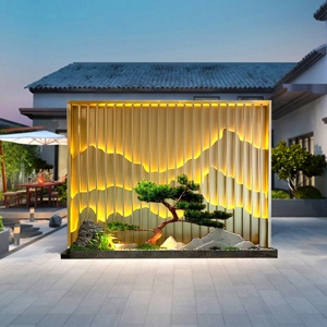 不锈钢假山屏风隔断户外山水新中式影壁墙金属景墙庭院室外背景墙