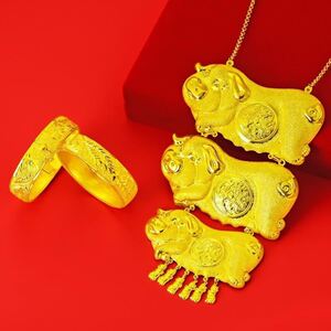 金猪项链镀金沙金金龙凤猪牌结婚套装链首饰金猪吊坠黄金猪牌金饰