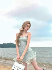 薄荷妖姬海的颜色珊瑚蕾丝绣花定染薄荷绿连衣裙汉服辣妹修身短裙