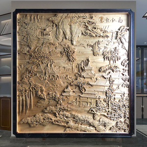 东阳木雕手工雕刻玄关隔断背景墙新中式装饰忆江南亭台楼阁山水画