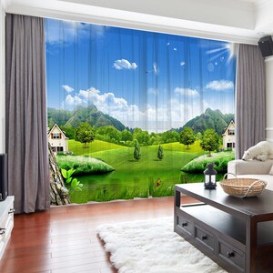 蓝天白云草原风景画窗帘遮光摄影棚背景布客厅卧室阳台纱帘免打孔