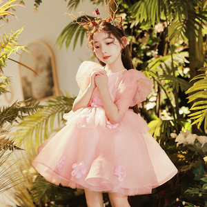 粉色花仙子公主裙女童礼服高端花童小女孩儿童钢琴演奏走秀演出服