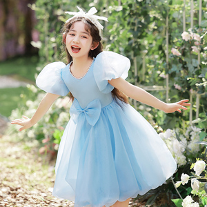 蓝色迪士尼公主裙礼服女童高端小女孩生日蓬蓬钢琴演奏演出服夏季