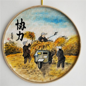 手绘簸箕画竹编筛子挂画五谷丰登怀旧乡村风景创意文化墙面装饰画