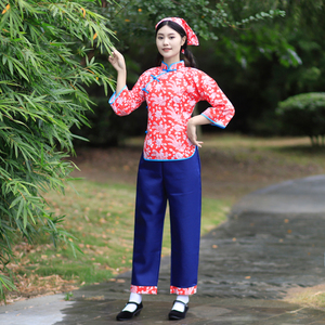 纯棉新款农村碎花衣服采茶舞表演套装客家服装女村姑阿庆嫂演出服