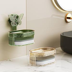 蝴蝶吸盘式肥皂盒强力吸卫生间壁挂轻奢创意双层沥水香皂盒置物架