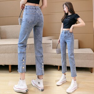 后面带扣裤子裤腿带两边开叉时尚六排g扣高腰后开扣牛仔裤韩版舒