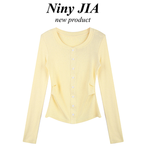 Niny JIA黄色圆领螺纹针织开衫女新款奶系温柔风小个子百搭打底衫