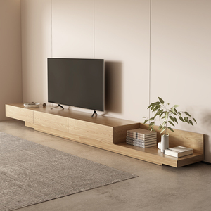 日式地台白蜡木全实木可伸缩电视柜现代简约小户型极简原木风边柜