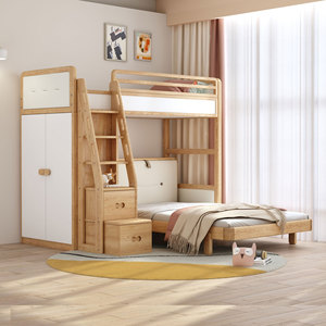 原木色高低子母床儿童床带衣柜小户型双层床组合床成人北欧简约