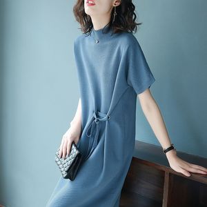 新款立领短袖针织连衣裙女春季2024韩版女装中长款气质宽松毛衣裙