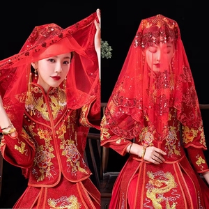 新娘中式婚礼红盖头秀和服盖头亮片盖头红色蒙头巾喜帕新娘红色