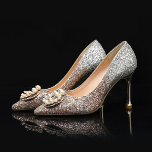 法式水晶婚鞋女2022年春季新款宴会新娘鞋秀禾婚纱两穿金色高跟鞋