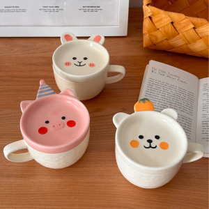 韩国INS风可爱卡通陶瓷马克杯女生喝水杯带盖咖啡杯牛奶早餐杯碟