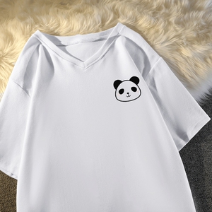 熊猫头白色v领大码女装短袖t恤女宽松韩版纯棉体恤显瘦遮肚上衣服